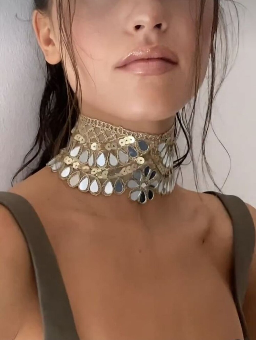 New Gold Mirrored Teardrop Lace Choker Necklace